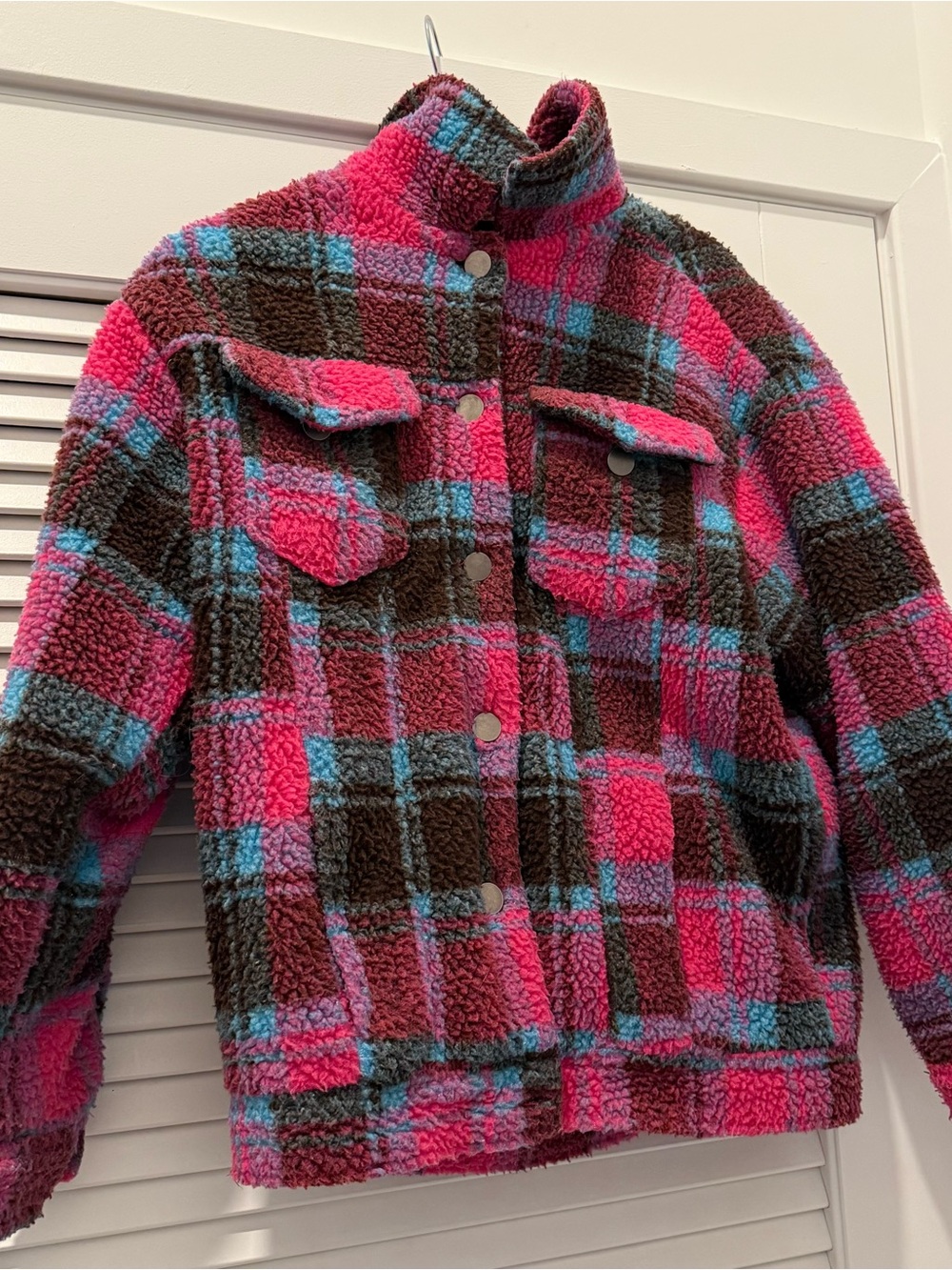 APPARIS Plaid Sherpa Button-Up Jacket in Pink, Brown & Teal